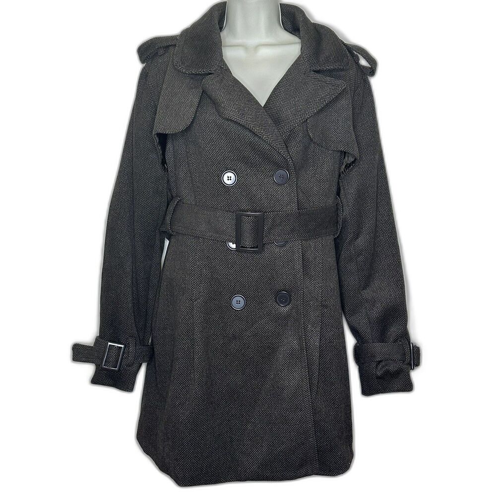 Yoki New York Brown Tweed Poly Wool Blend Belted Swing Trench Coat Women's M